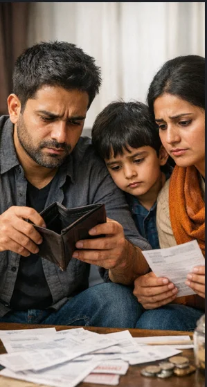 distressed man looking at empty wallet representing deep seated debt and financial struggle
