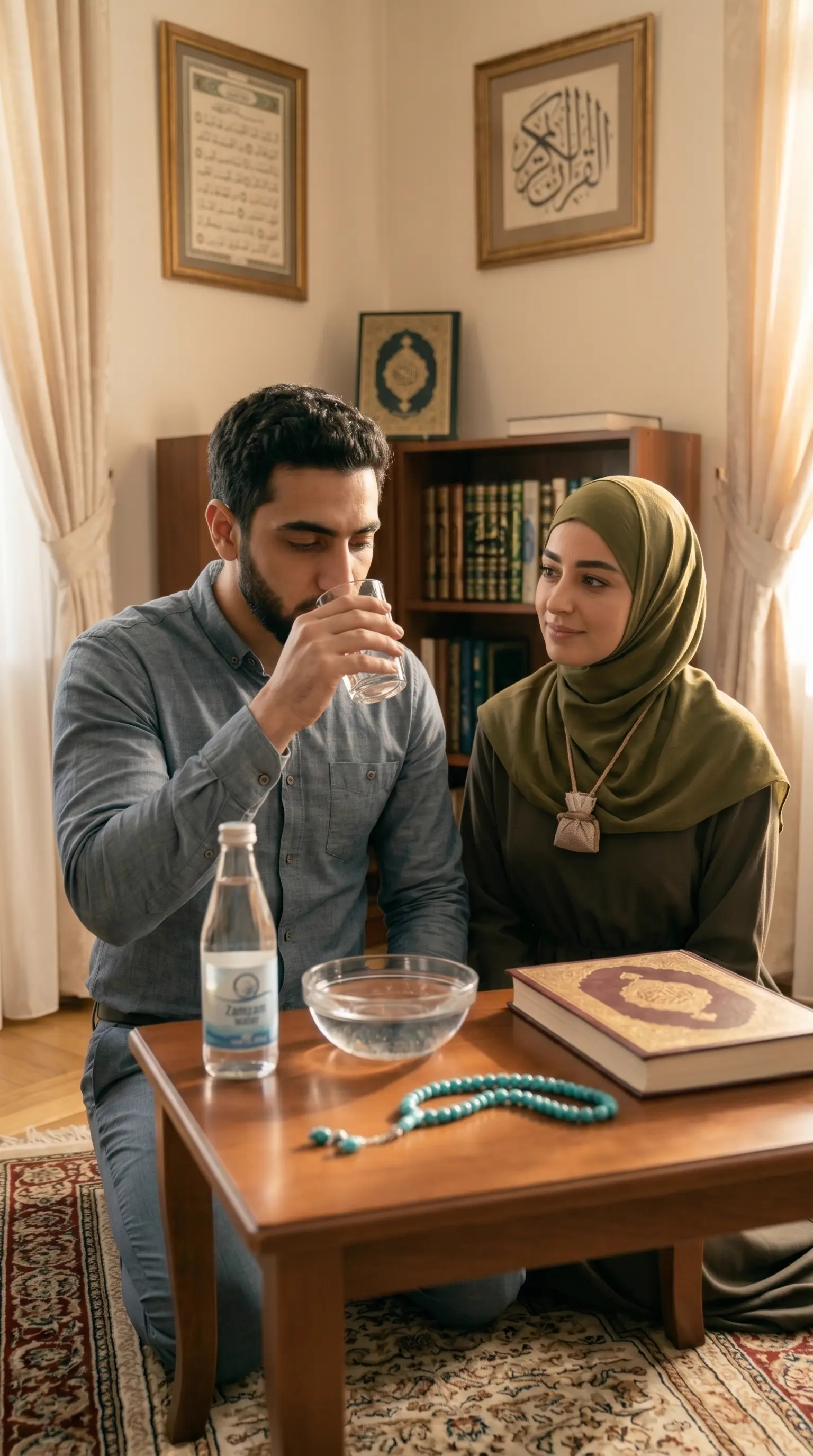 husband and wife in bangalore using zamzam water for ruhani ilaj protection