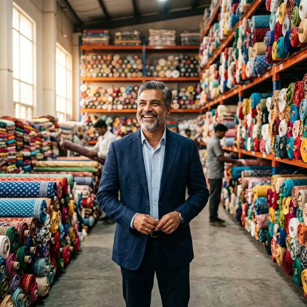 Rajesh looking successful and confident in his textile factory after becoming debt-free.
