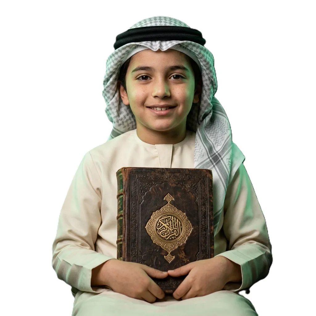 Premium cinematic portrait of a young smiling boy holding a luxury leather-bound book on Vantablack backdrop